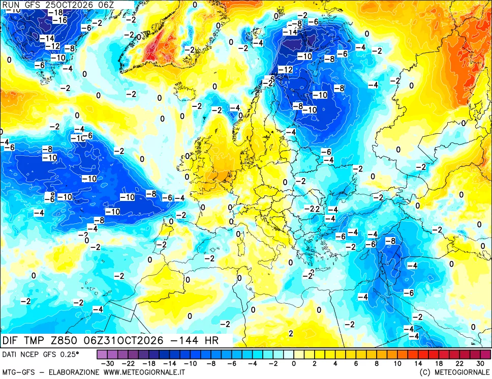 mappa Dif. Temp a 850 hPa Valid - Init