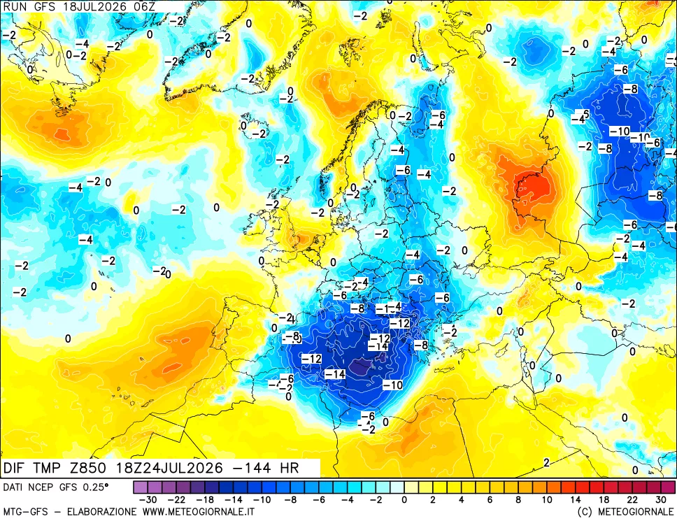mappa Dif. Temp a 850 hPa Valid - Init