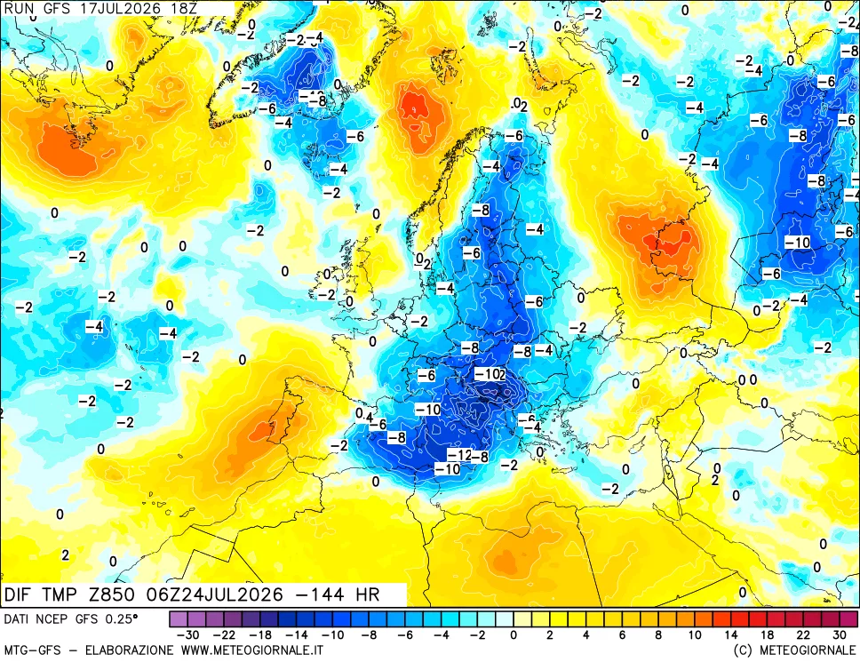 mappa Dif. Temp a 850 hPa Valid - Init