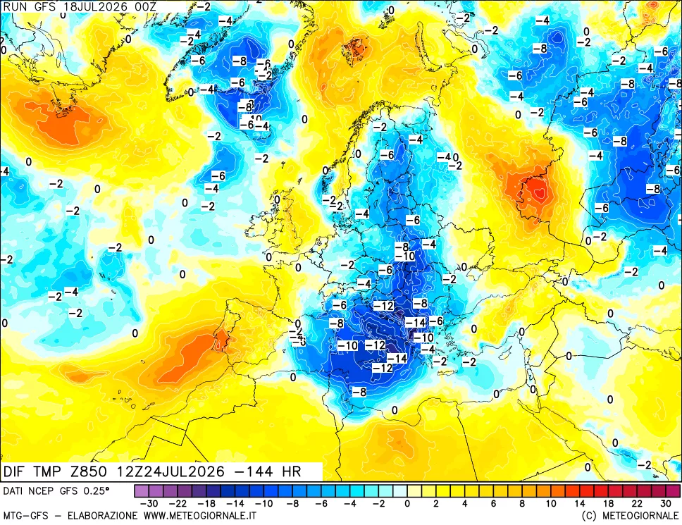 mappa Dif. Temp a 850 hPa Valid - Init