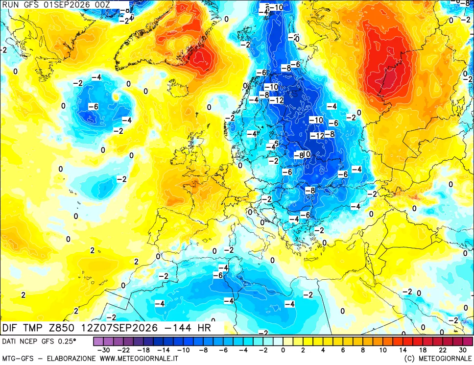 mappa Dif. Temp a 850 hPa Valid - Init