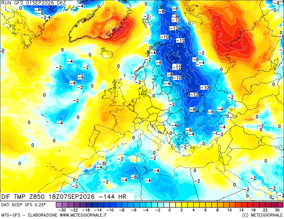 mappa Dif. Temp a 850 hPa Valid - Init