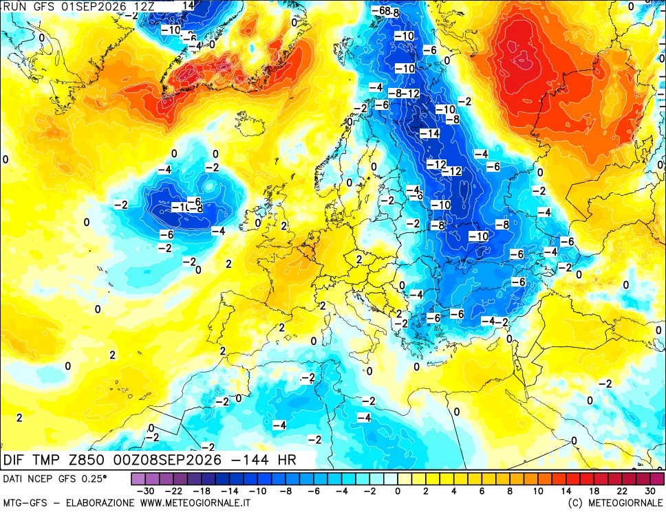 mappa Dif. Temp a 850 hPa Valid - Init