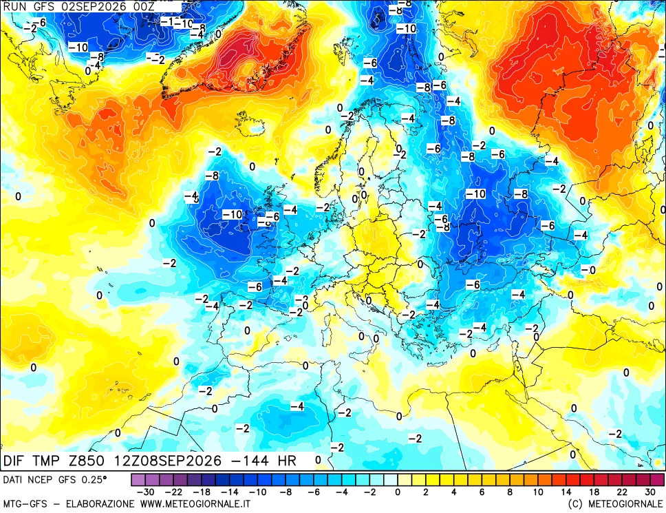 mappa Dif. Temp a 850 hPa Valid - Init