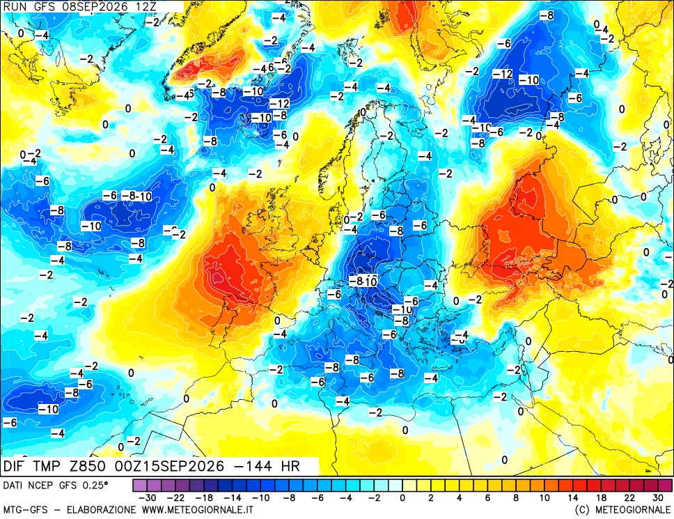 mappa Dif. Temp a 850 hPa Valid - Init