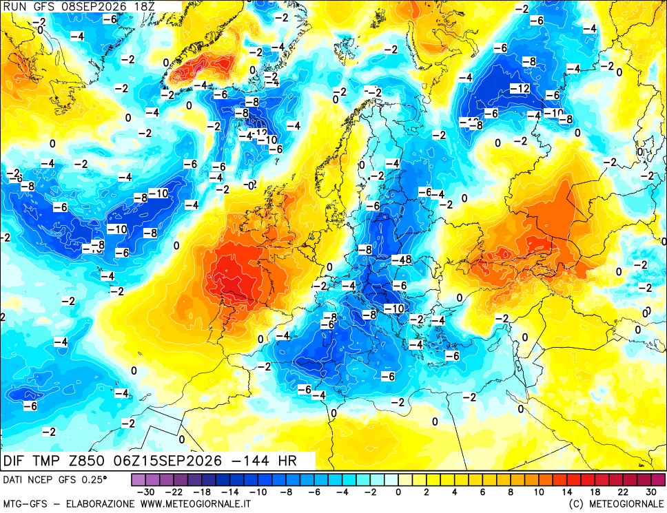 mappa Dif. Temp a 850 hPa Valid - Init