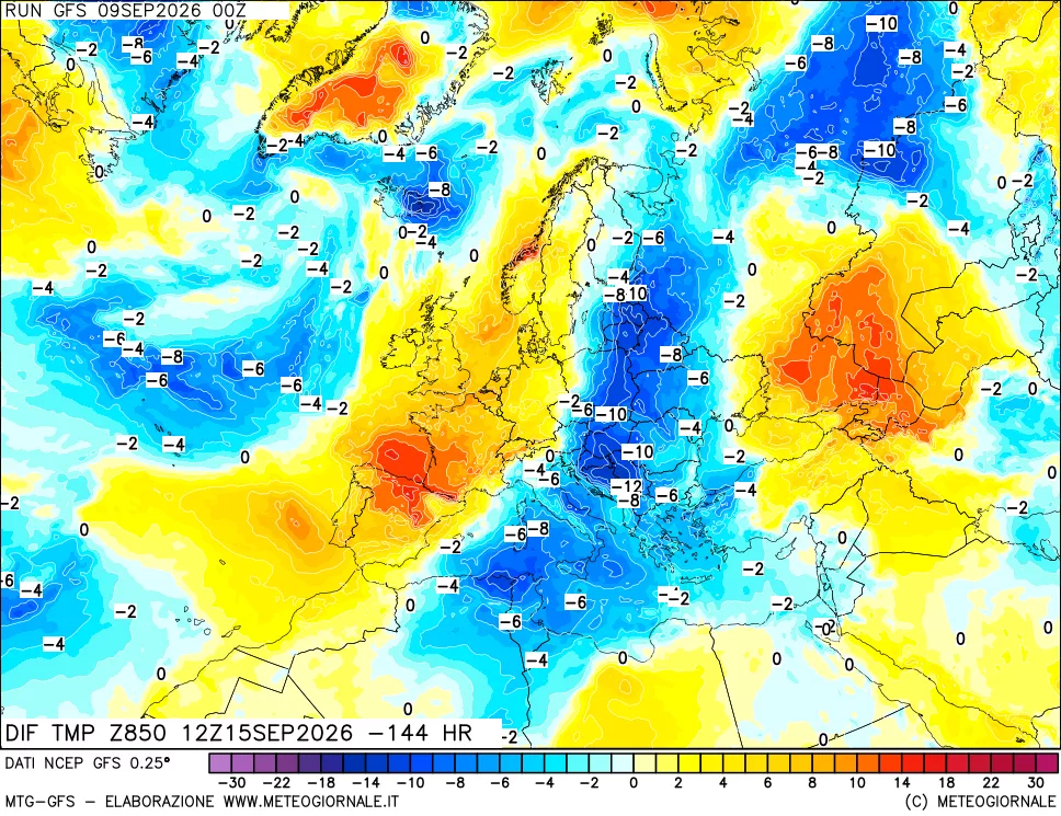 mappa Dif. Temp a 850 hPa Valid - Init