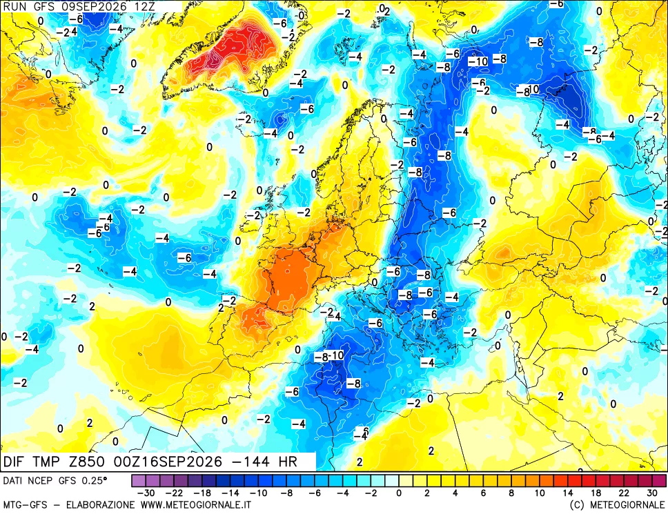 mappa Dif. Temp a 850 hPa Valid - Init