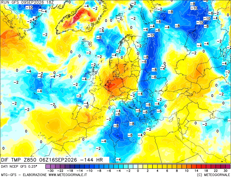 mappa Dif. Temp a 850 hPa Valid - Init