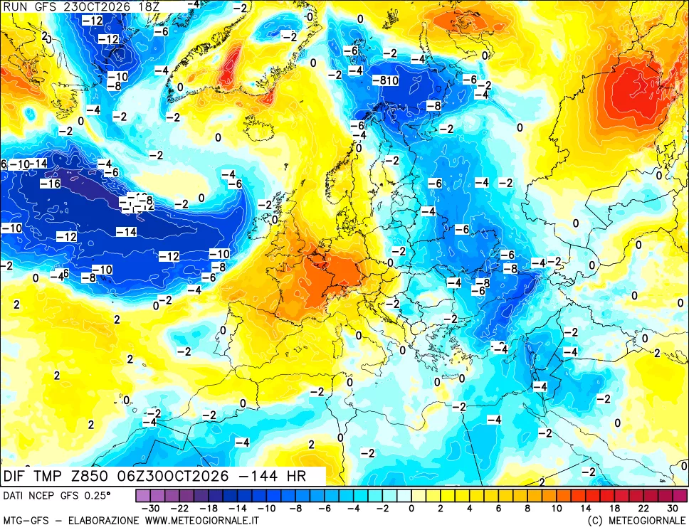 mappa Dif. Temp a 850 hPa Valid - Init