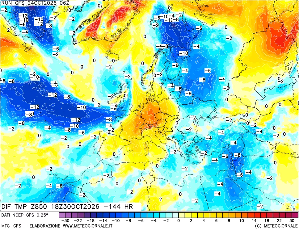 mappa Dif. Temp a 850 hPa Valid - Init