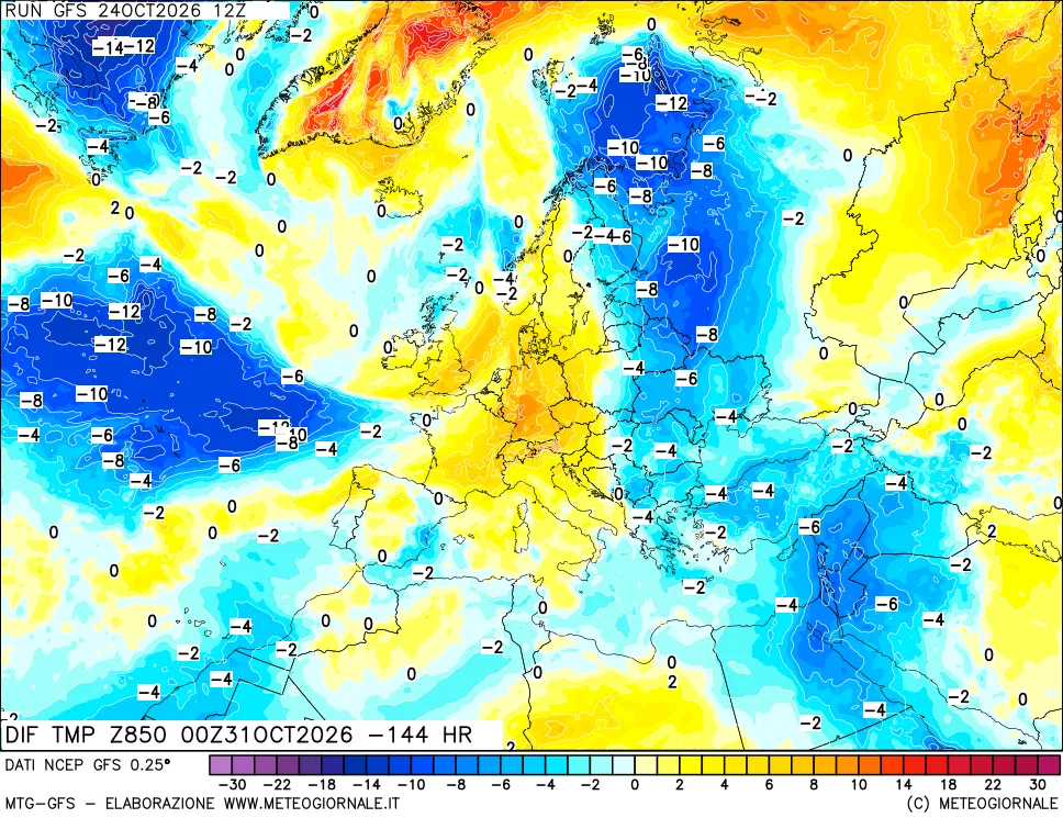 mappa Dif. Temp a 850 hPa Valid - Init