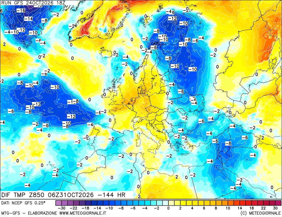mappa Dif. Temp a 850 hPa Valid - Init