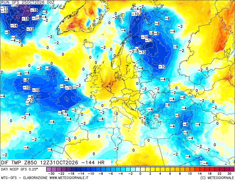 mappa Dif. Temp a 850 hPa Valid - Init
