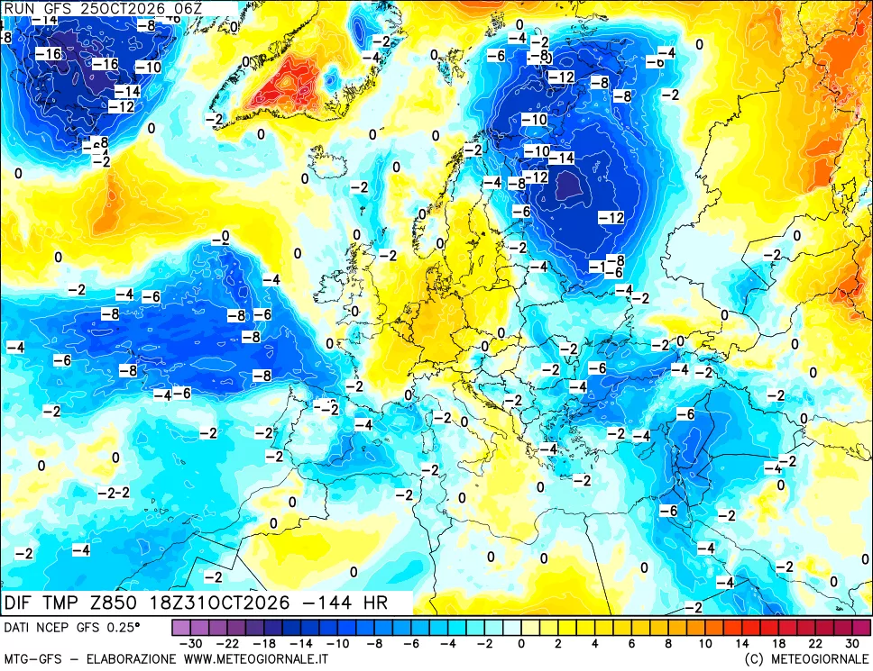 mappa Dif. Temp a 850 hPa Valid - Init