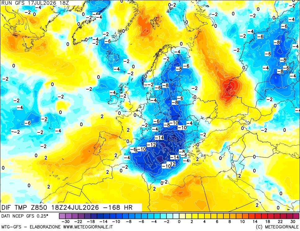 mappa Dif. Temp a 850 hPa Valid - Init
