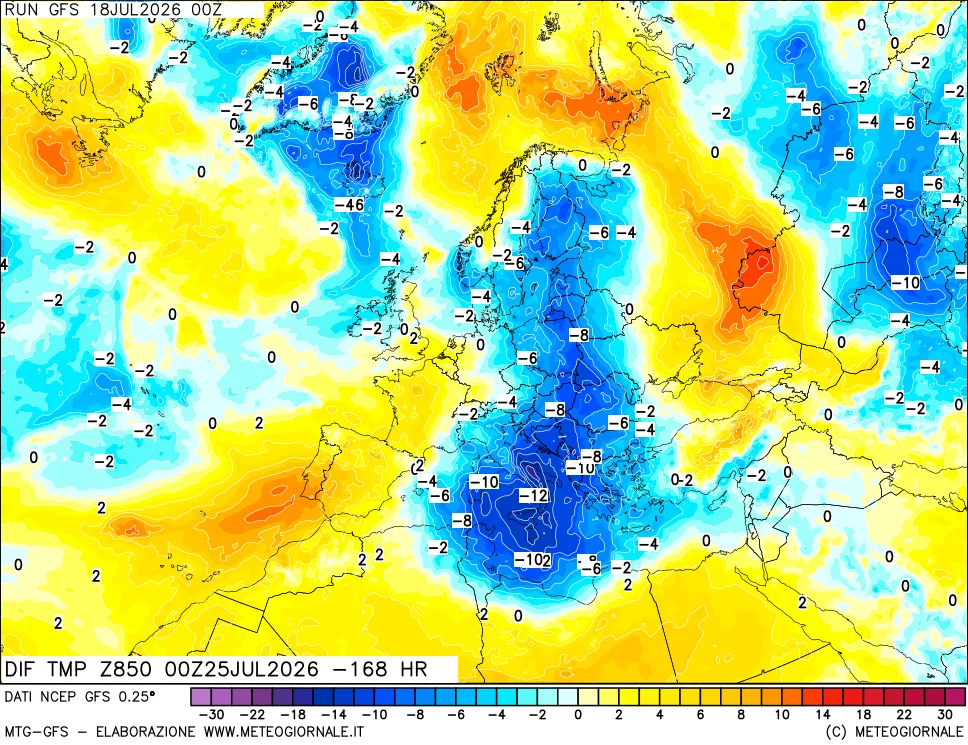 mappa Dif. Temp a 850 hPa Valid - Init