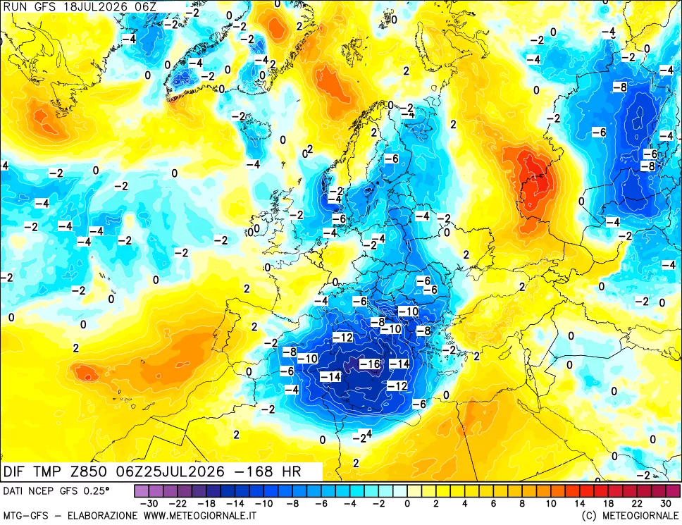 mappa Dif. Temp a 850 hPa Valid - Init