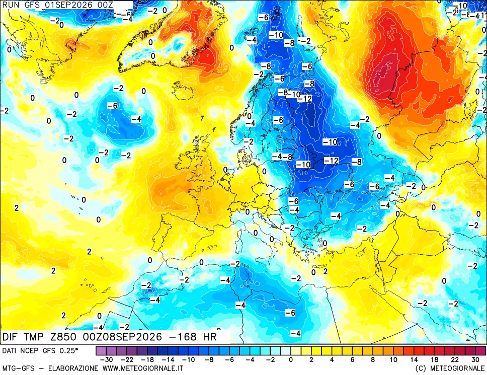 mappa Dif. Temp a 850 hPa Valid - Init
