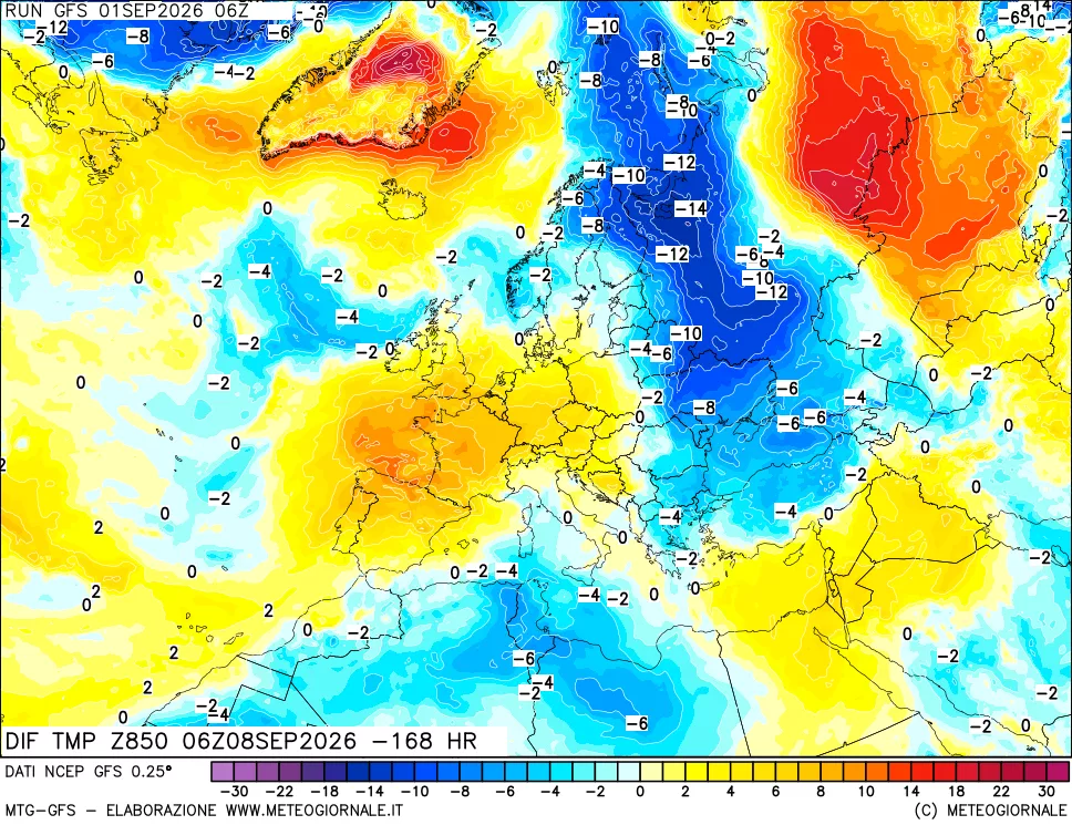 mappa Dif. Temp a 850 hPa Valid - Init