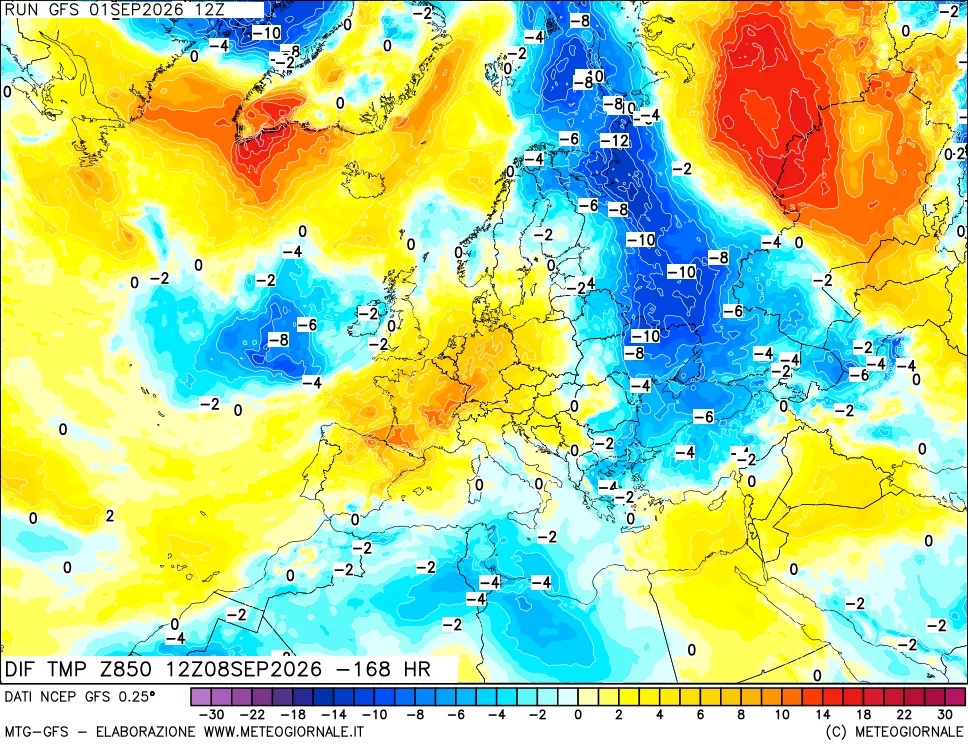 mappa Dif. Temp a 850 hPa Valid - Init