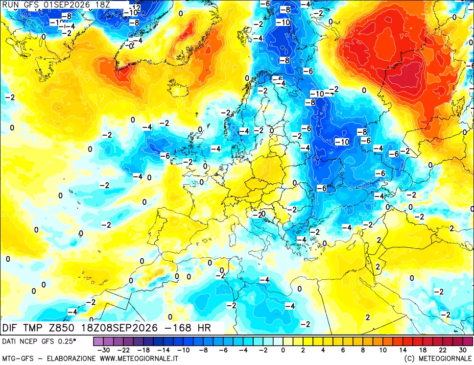 mappa Dif. Temp a 850 hPa Valid - Init