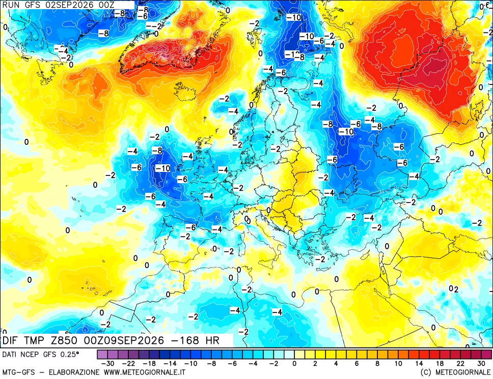 mappa Dif. Temp a 850 hPa Valid - Init
