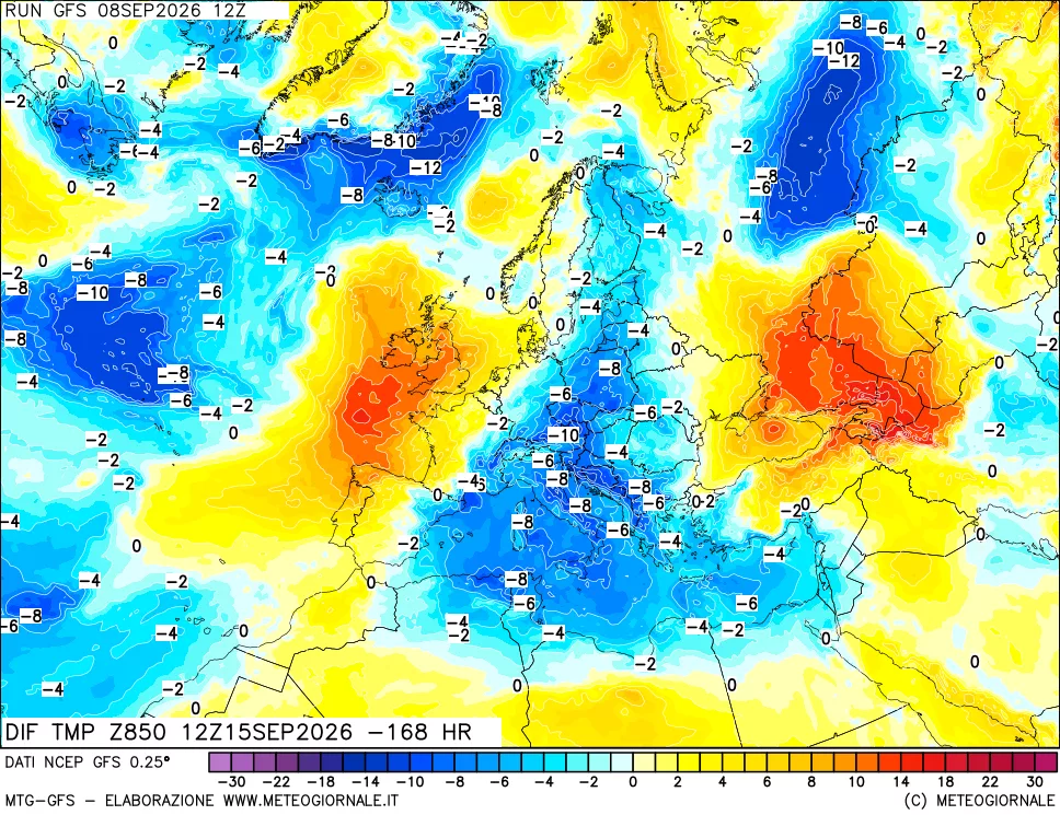mappa Dif. Temp a 850 hPa Valid - Init