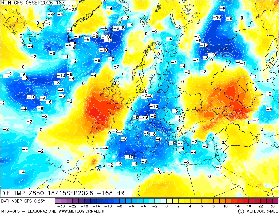 mappa Dif. Temp a 850 hPa Valid - Init