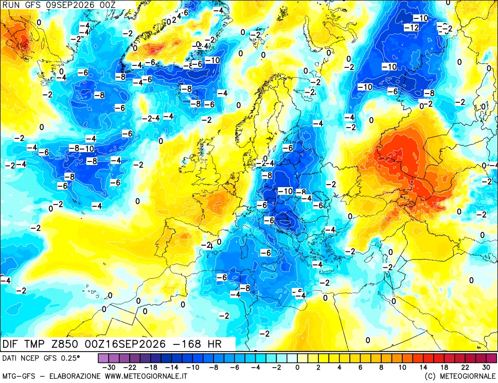 mappa Dif. Temp a 850 hPa Valid - Init