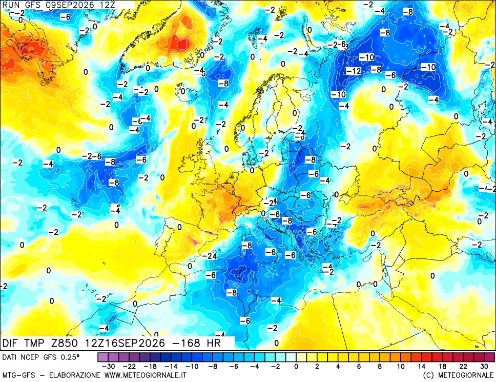 mappa Dif. Temp a 850 hPa Valid - Init