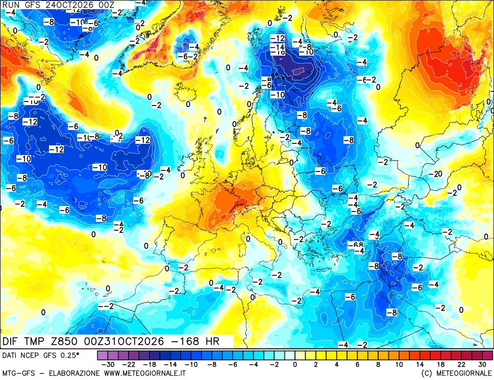 mappa Dif. Temp a 850 hPa Valid - Init