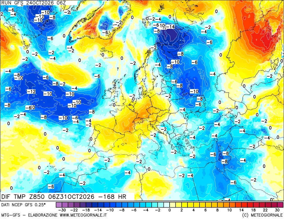 mappa Dif. Temp a 850 hPa Valid - Init