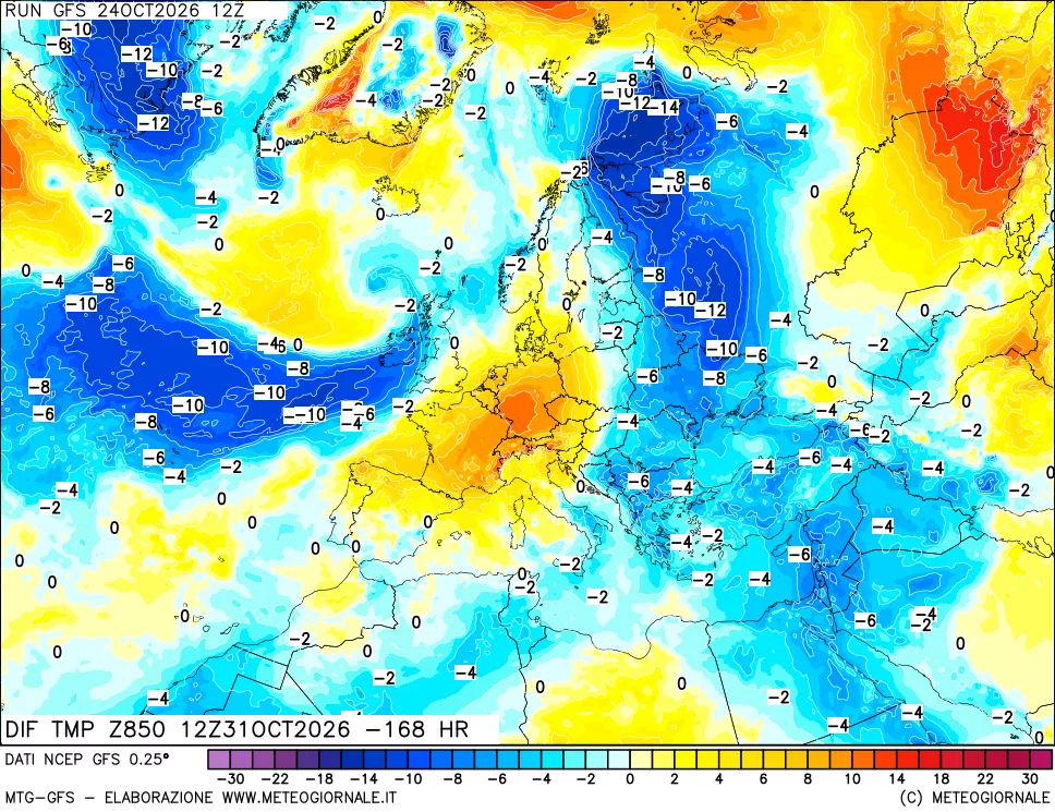 mappa Dif. Temp a 850 hPa Valid - Init