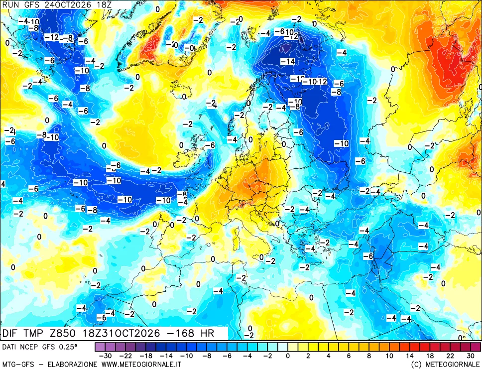 mappa Dif. Temp a 850 hPa Valid - Init