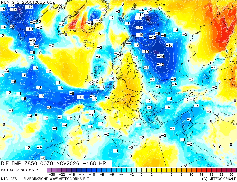 mappa Dif. Temp a 850 hPa Valid - Init