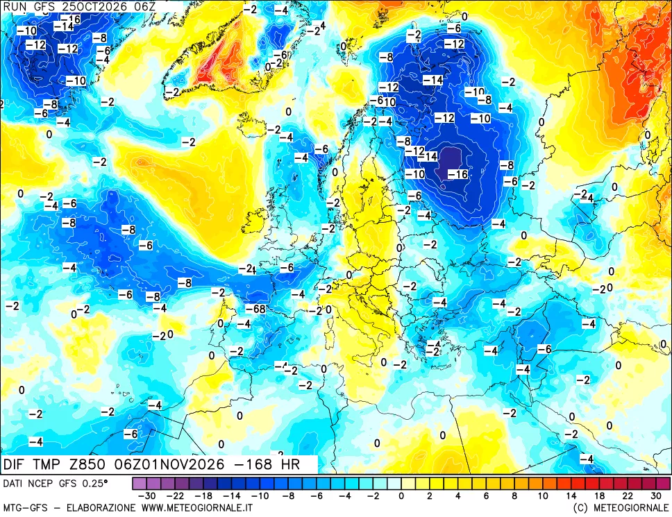 mappa Dif. Temp a 850 hPa Valid - Init