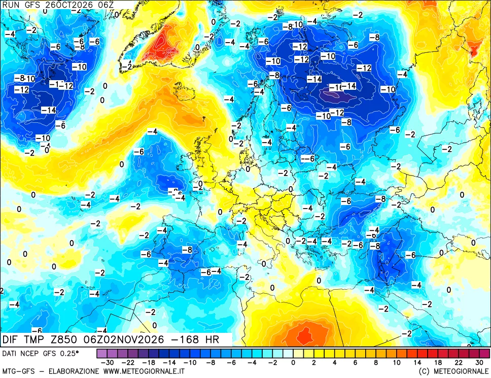 mappa Dif. Temp a 850 hPa Valid - Init