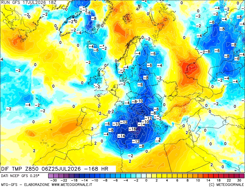 mappa Dif. Temp a 850 hPa Valid - Init