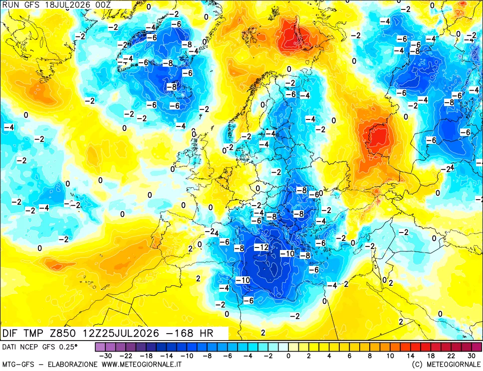 mappa Dif. Temp a 850 hPa Valid - Init