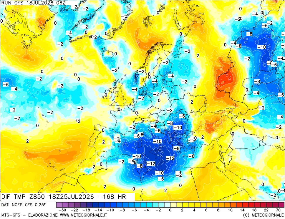 mappa Dif. Temp a 850 hPa Valid - Init