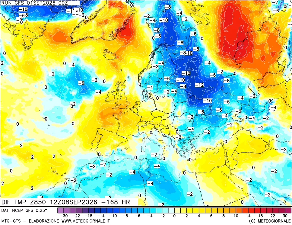 mappa Dif. Temp a 850 hPa Valid - Init
