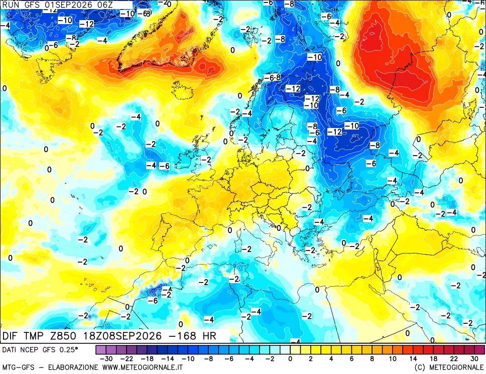 mappa Dif. Temp a 850 hPa Valid - Init