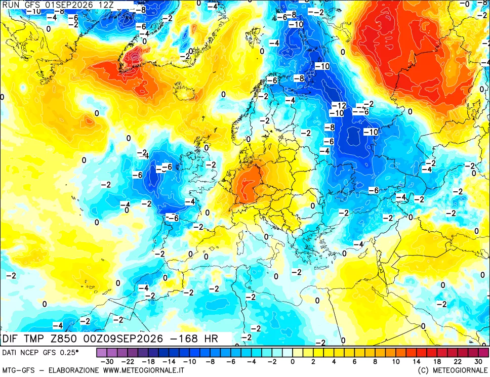 mappa Dif. Temp a 850 hPa Valid - Init