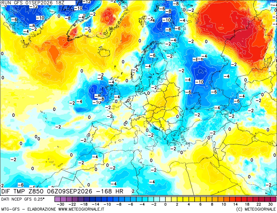 mappa Dif. Temp a 850 hPa Valid - Init