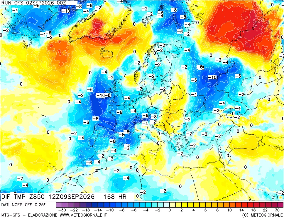 mappa Dif. Temp a 850 hPa Valid - Init