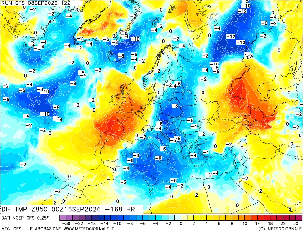 mappa Dif. Temp a 850 hPa Valid - Init