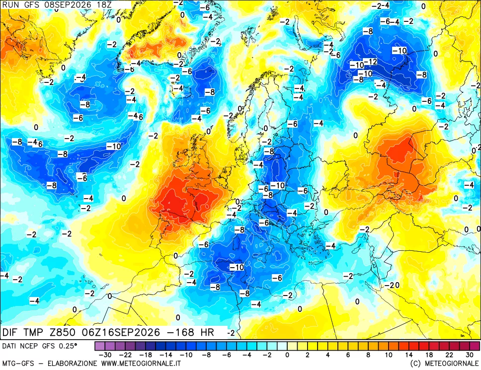 mappa Dif. Temp a 850 hPa Valid - Init