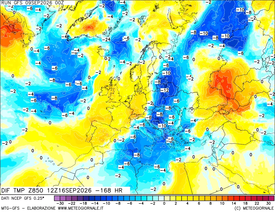 mappa Dif. Temp a 850 hPa Valid - Init
