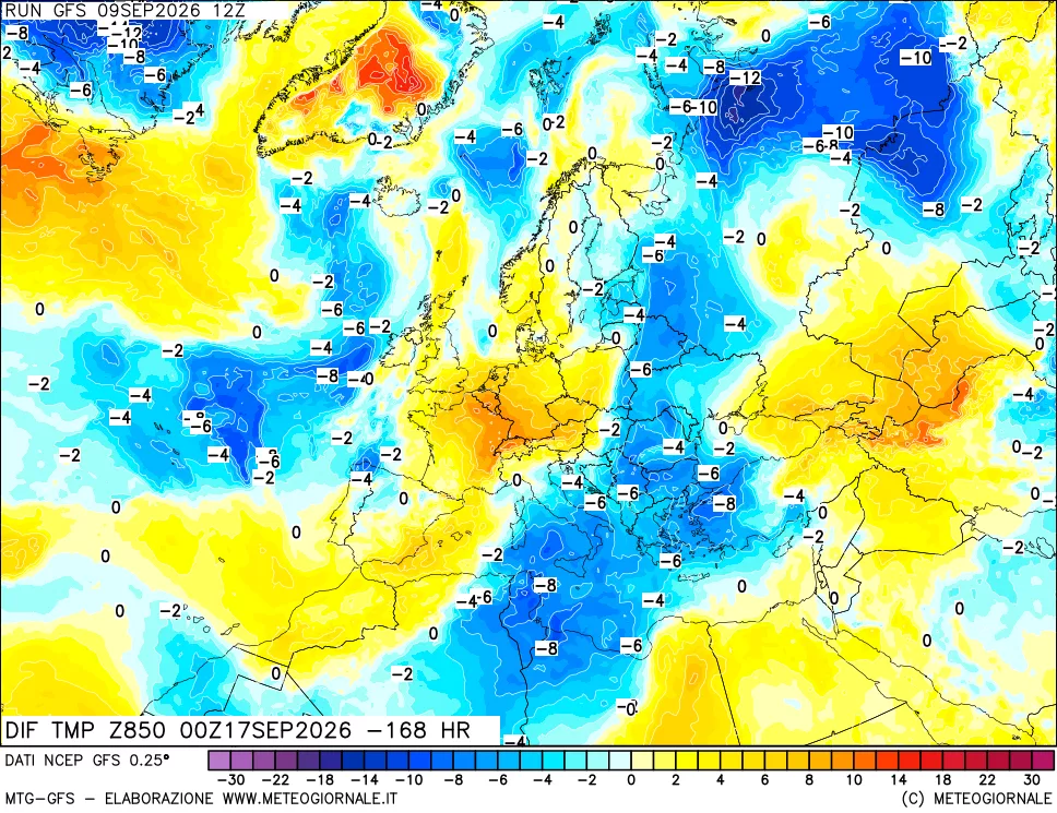 mappa Dif. Temp a 850 hPa Valid - Init